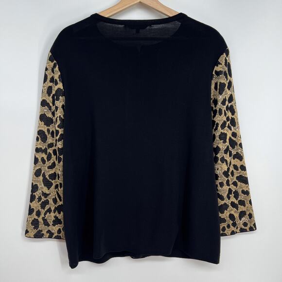 Vtg Misook Cardigan Sweater Petite Large Leopard Print Black Tan Shoulder Pads - Picture 3 of 9